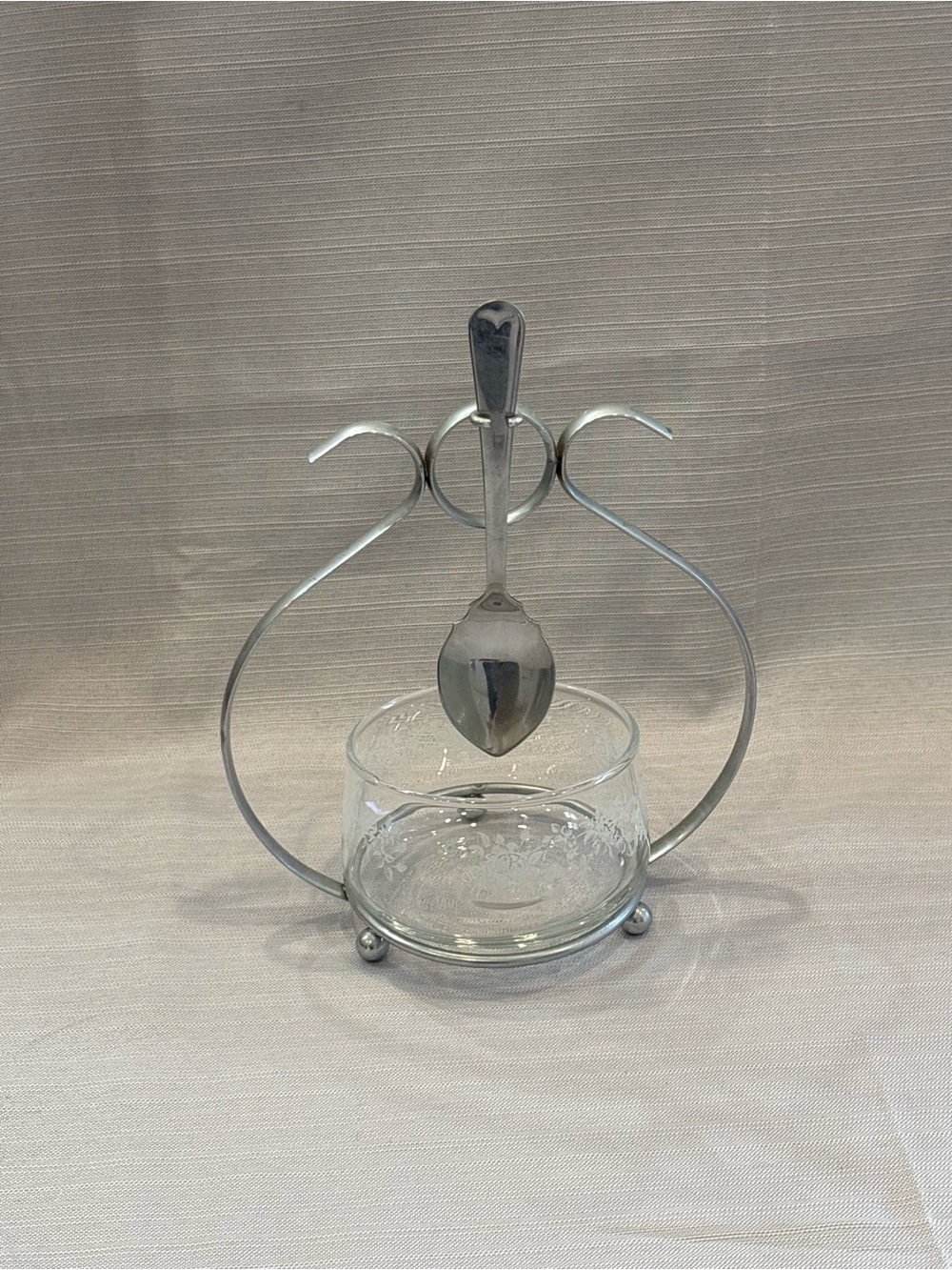 Vintage Silver Glass Salt Cellar with Spoon and Stand